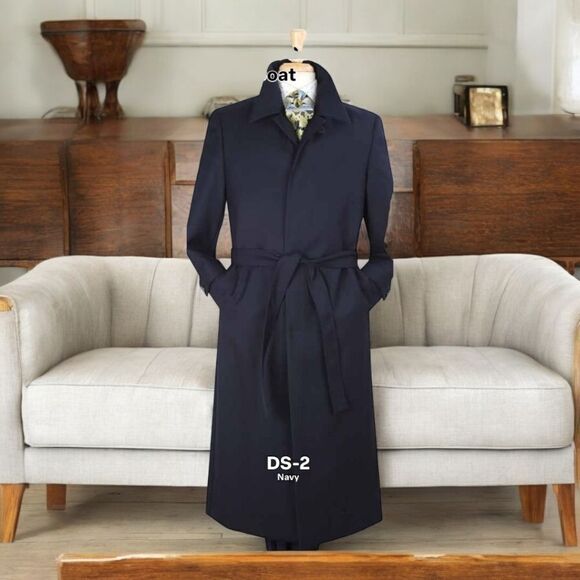 MEN'S BLACK DIAMOND 100% WOOL GABERDINE FULL LENGTH NAVY DUSTER COAT DS2. - Picture 1 of 2